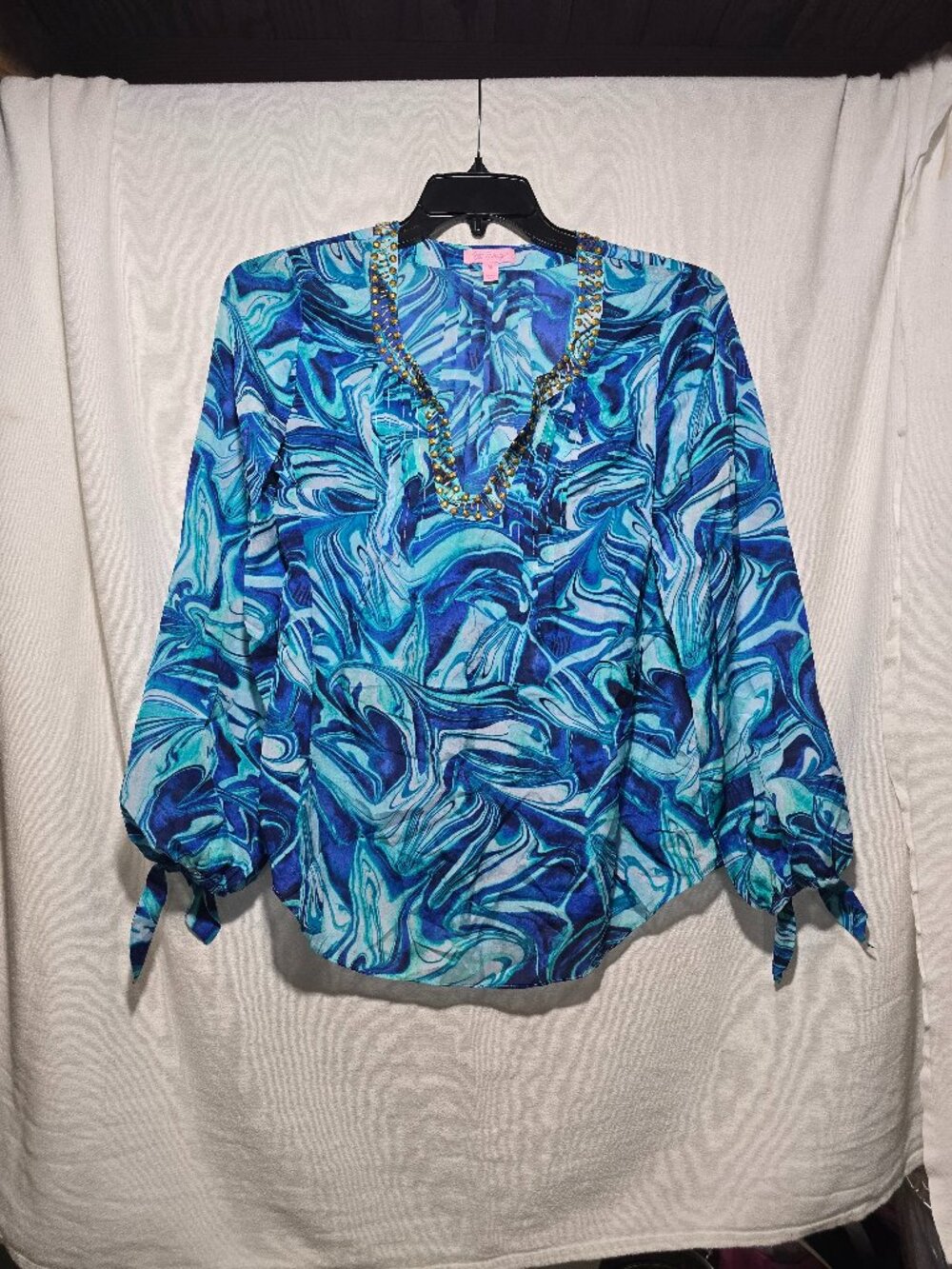 Lilly Pulitzer Blue Marble 100% Silk Beaded V-Neck Long Sleeve Blouse Size M EUC